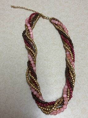 Gold and Pink Multi-Strand Twisted Beaded Necklace - Women Jewelry. No Brand.